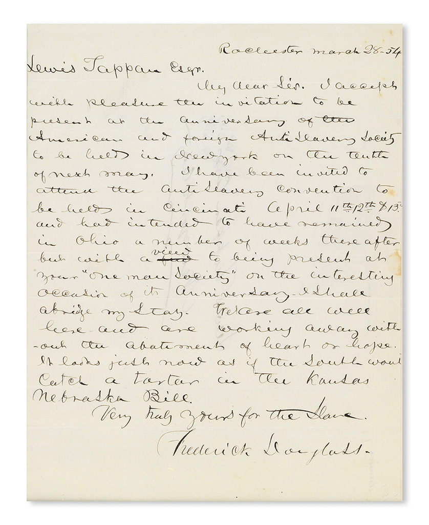 (SLAVERY AND ABOLITION.) DOUGLASS, FREDERICK. Autograph Letter Signed, addressed to Lewis Tappan.